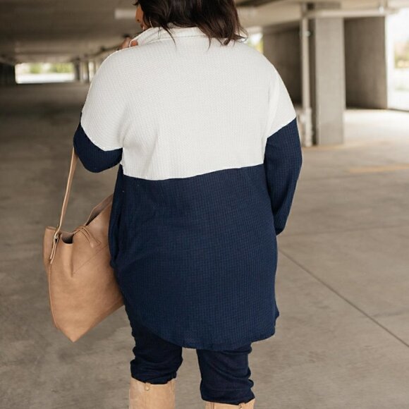 Celeste Blue & White Cowl Neck Sweater w/ Pockets - Picture 8 of 9